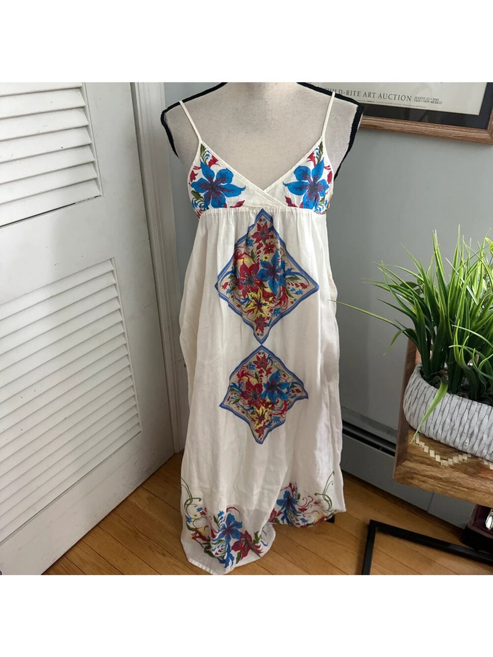 Scolar Dress Womens Medium White Print Strappy Midi Whimsical Harajuku Boho Chic